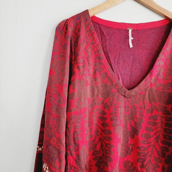 NEW Free People Music and Lyrics Damask Knit Long Sleeve Sweater Dress Red - Picture 9 of 13